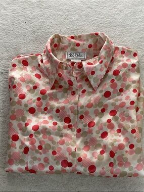 Bob Mackie Pink, Red & Beige Polka Dot Button-Up Blouse
